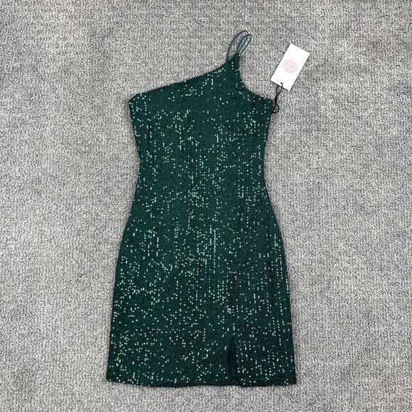 Crystal Sky Dress Womens XS Emerald Sequin One Shoulder Mini Party Cocktail - Picture 1 of 8